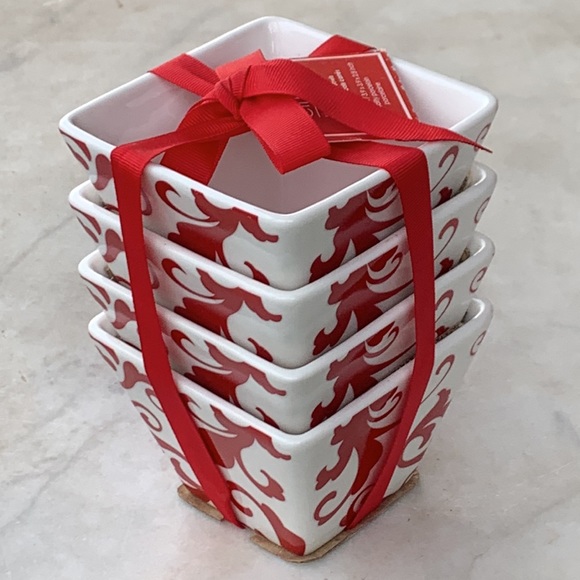 CIROA FIORI SIMPLE SERVE MINI BOWLS SQUARE RED WHITE NWT PORCELAIN SET OF 4 - Picture 4 of 9